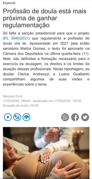 Notícia sobre a regulamentação da profissão de doula